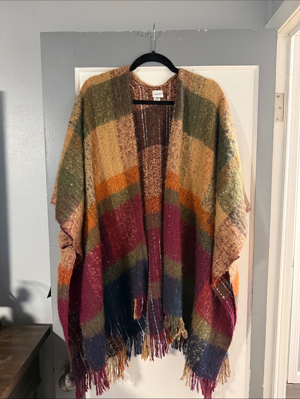 Sonoma Multicolor Striped Fringe Open Poncho in Burgundy, Green, Navy & Orange